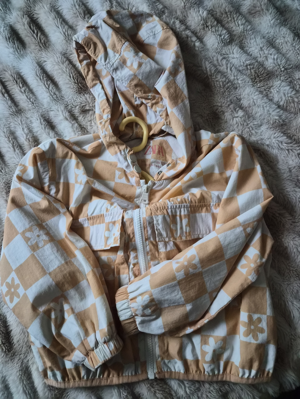 Zara Kids Orange and White Checkered Hooded Raincoat